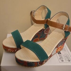 Green and Brown Wedge Sandals with Ankle Strap